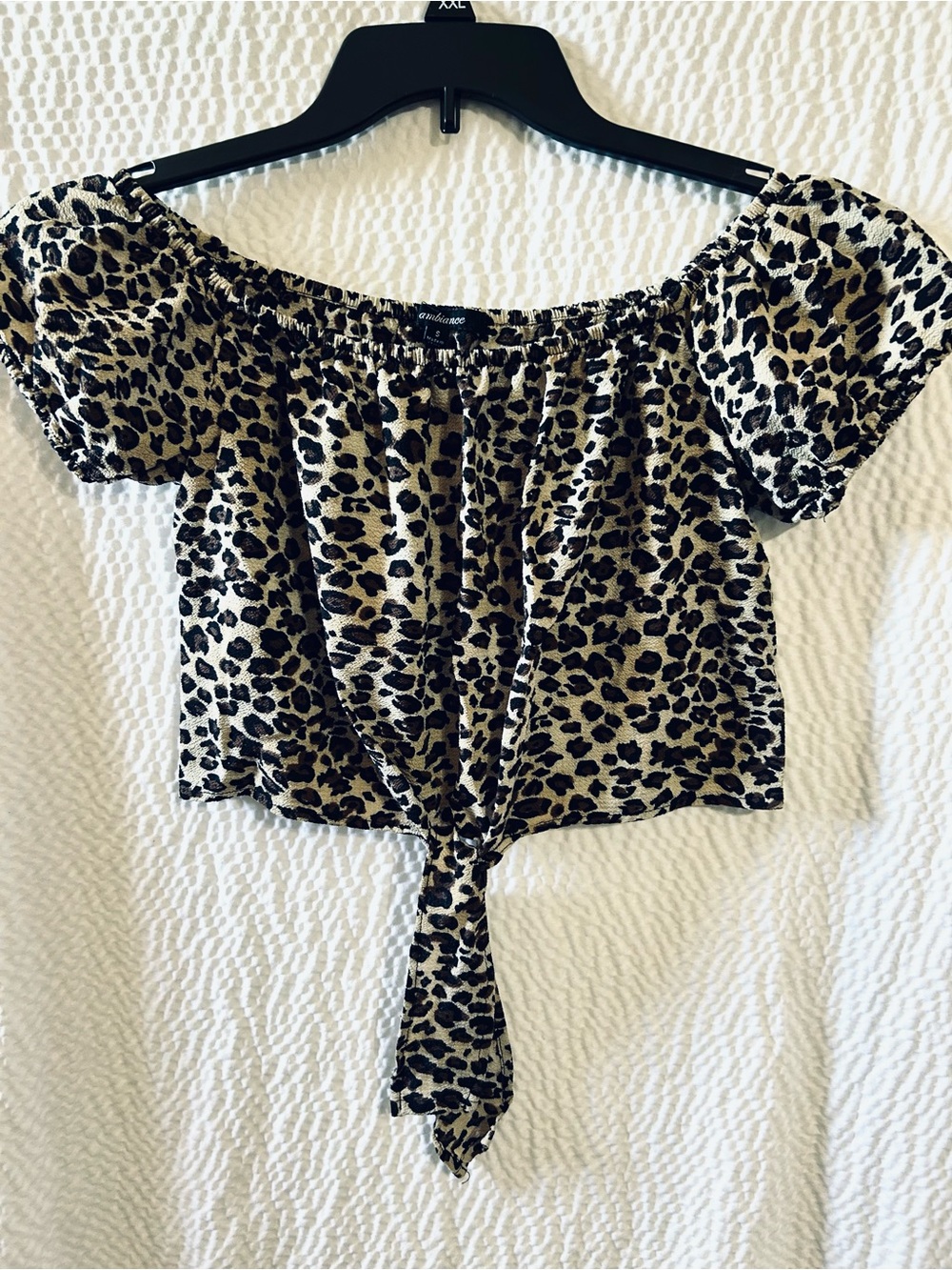 Ambiance Leopard-Print Off-Shoulder Tie-Front Crop Top - Tan, Black